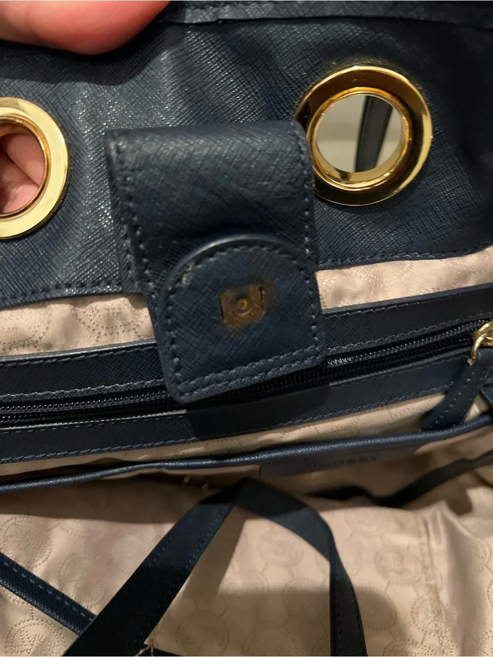Michael Kors Navy Leather Tote with Gold Grommet Accents Beachy Captain